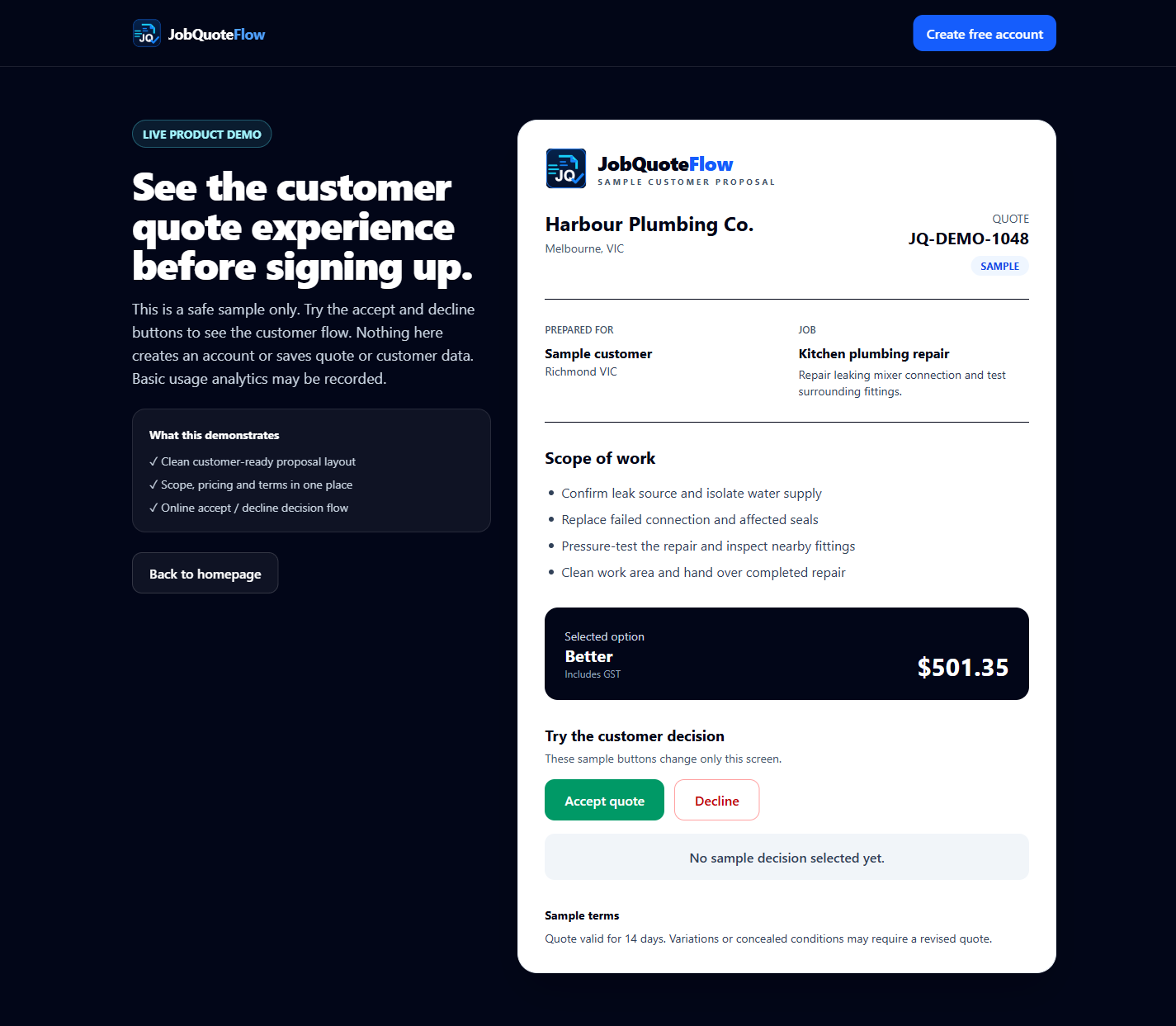 JobQuoteFlow customer proposal showing scope, total price and online accept or decline controls