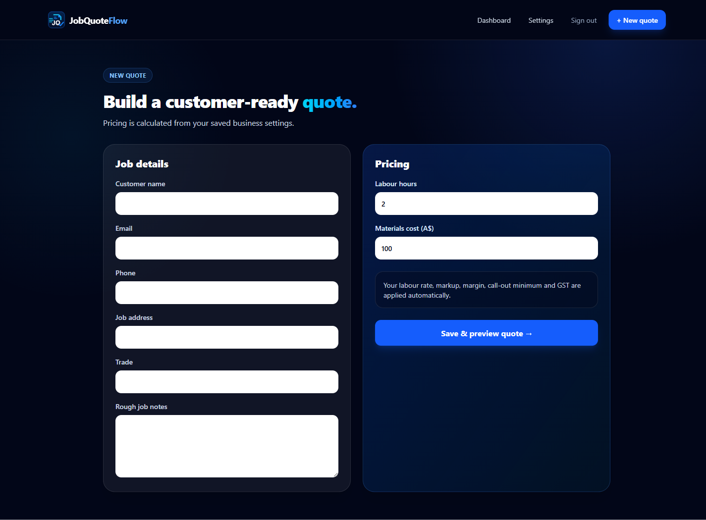 JobQuoteFlow quote builder showing job details, labour hours and materials pricing fields
